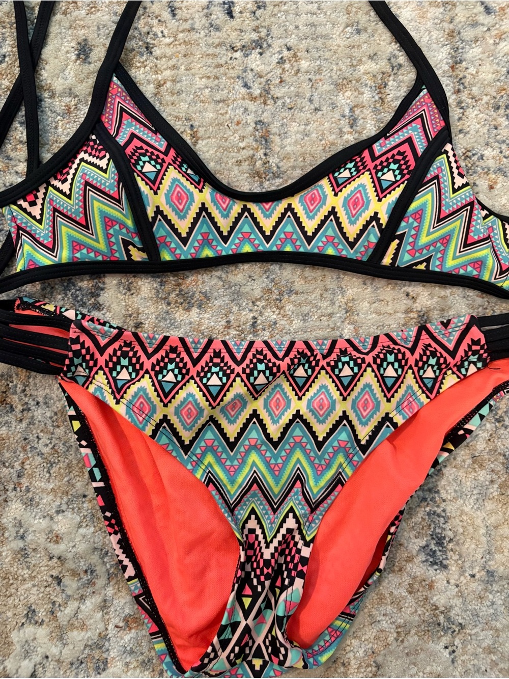 Xhilaration Neon Coral & Multi Geo Print Bikini